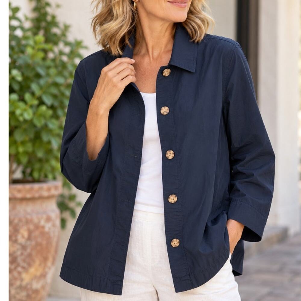 Lafayette 148 New York Cotton Jacket Navy Blue Jersey Lined Lightweight Size S